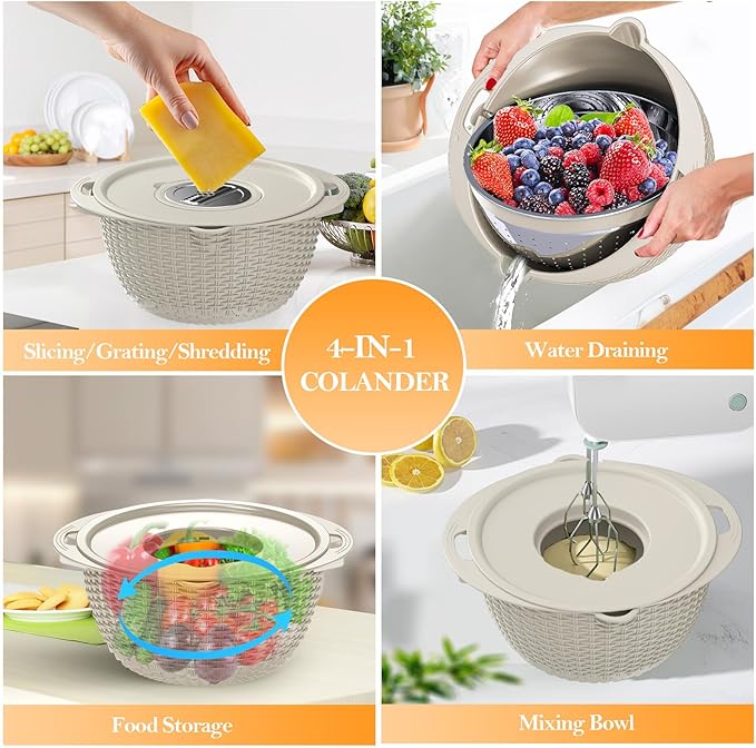 4-1 Colander with Bowl Set, Food Strainers and Colanders, Fruit Washing Bowl with Strainer, Rotatable Colander for Kitchen, Aesthetic Kitchen Gadget - Beige