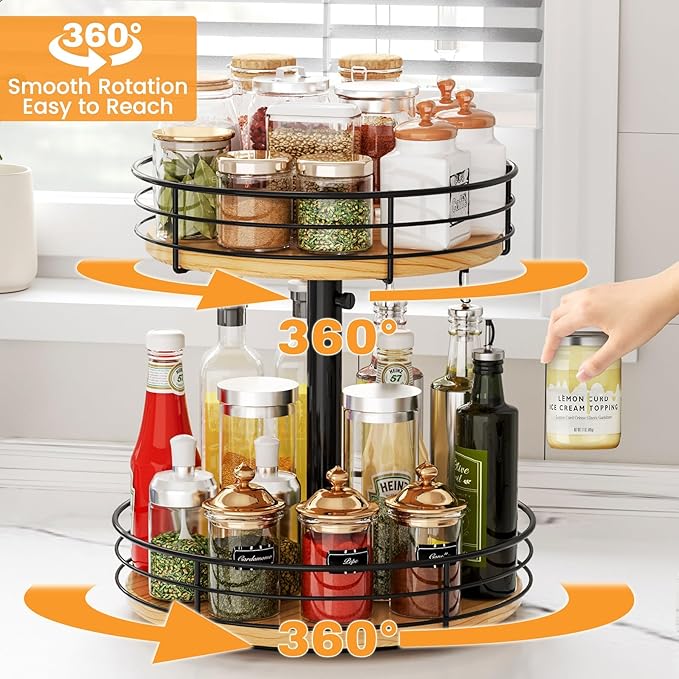 Two Tier Lazy Susan Organizer Turntable Height Adjustable, 12 Inch Wood Lazy Susan 2 Tier, Rotating Spice Rack Organizer for Cabinet Dining Table Top Kitchen Bathroom Countertop Black