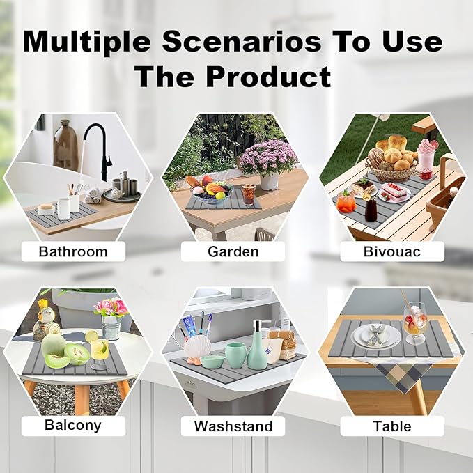 Stone Drying Mat for Kitchen Counter, 23.6"x15.4" Large Dish Drying Mat with 2 Pack Absorbent Stone Coasters 1 Seasoning Pad Quick Dry Dish Drying Mats for Kitchen Counter, Grey