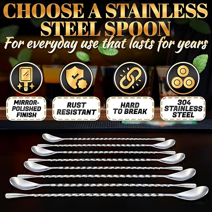 8 Pcs Bar Spoon Cocktail Mixing Spoon – 12'' Stainless Steel Cocktail Stirrers for Drinks, Polished Surface, Easy to Clean – Useful Bar Spoons for Professional and Home Use