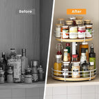 Two Tier Lazy Susan Organizer Turntable Height Adjustable, 2 Tier Wood Lazy Susan 12 Inch, Rotating Spice Rack Organizer for Cabinet Dining Table Top Kitchen Bathroom Countertop White
