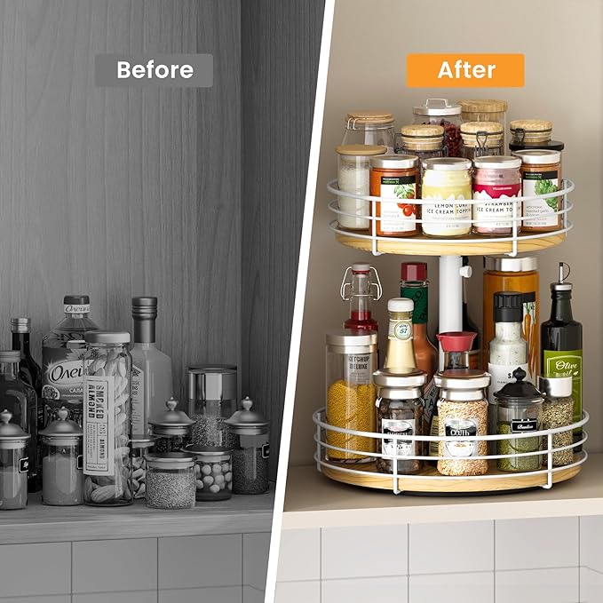 Two Tier Lazy Susan Organizer Turntable Height Adjustable, 2 Tier Wood Lazy Susan 12 Inch, Rotating Spice Rack Organizer for Cabinet Dining Table Top Kitchen Bathroom Countertop White