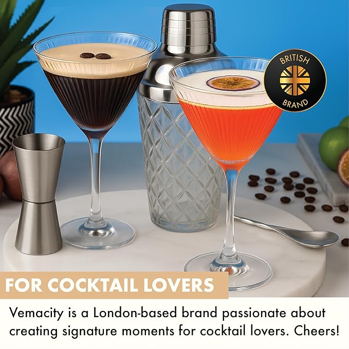 VEMACITY - Silver Luxury Home Mixology Cocktail Shaker Set with Silver Accessories - Glass Shaker with Built-In Strainer, 2 Ribbed Espresso Martini Glasses & Bar Tools - Gift Sets, Wedding Gift