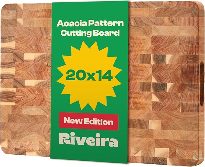 Riveira Acacia Wood Cutting Board – Gourmet Acacia Grandeur: 20 x 14 Wooden Cutting Board – Natural Wooden Cutting Boards For Kitchen Decorative – Innovative Juice Grooves Acacia Wooden Chopping Board