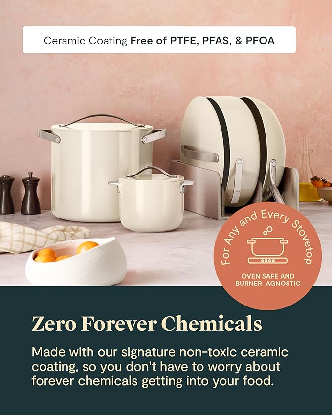 Caraway Cookware+ Collection - Specialty Cookware Set - Petite Cooker, Stir Fry Pan, Rondeau, & Stock Pot - 3 Lids & Storage Organizer Included - Marigold