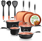 NutriChef 14-Piece Non-Stick Pots and Pans Set - Induction Ready Multi-Sized Cooking Pots with Lids, Small and Medium Frying Pans with Slotted Spatula, Pasta Server, Soup Ladle, Silicone Handles