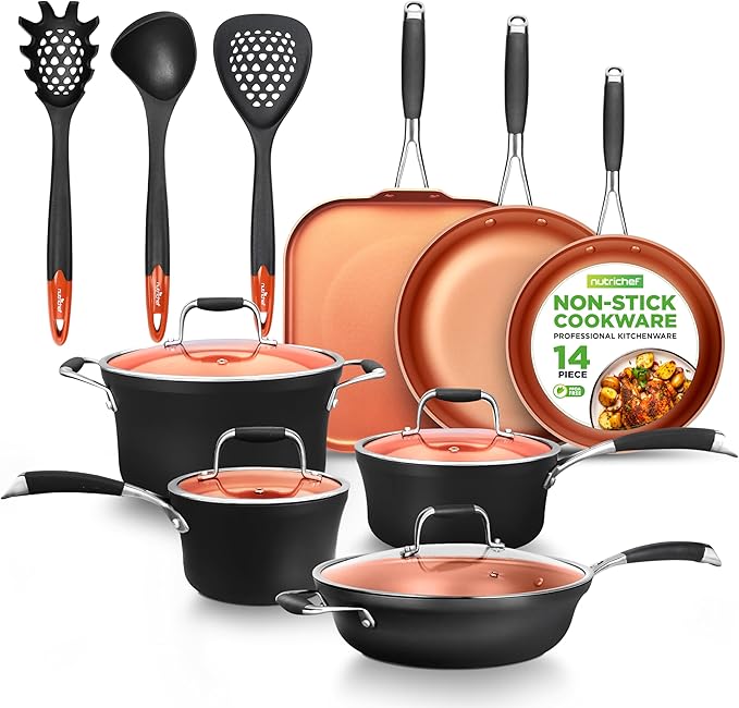 NutriChef 14-Piece Non-Stick Pots and Pans Set - Induction Ready Multi-Sized Cooking Pots with Lids, Small and Medium Frying Pans with Slotted Spatula, Pasta Server, Soup Ladle, Silicone Handles