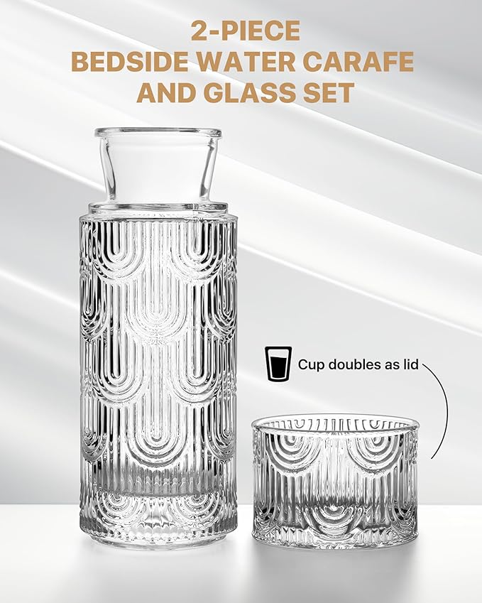 Bedside Water Carafe and Glass Set, Mouthwash Dispenser for Bathroom, 21.6 Oz Glass Water Bottles with 6 Oz Drinking Cup as Lid, Pitcher for Nightstand, Kitchen (Clear)