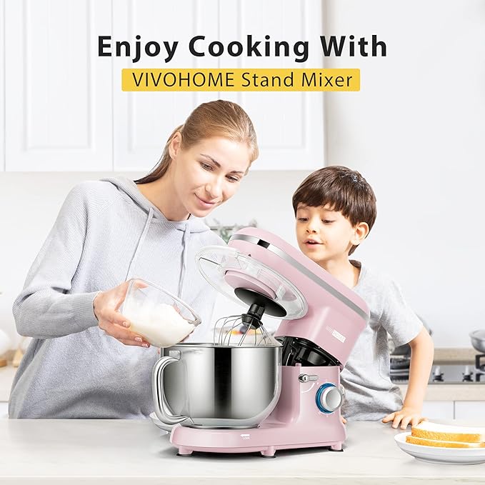 VIVOHOME Stand Mixer, 660W 10 Speed 6 Quart Tilt-Head Kitchen Electric Food Mixer with Beater, Dough Hook, Wire Whip and Egg Separator, Pink