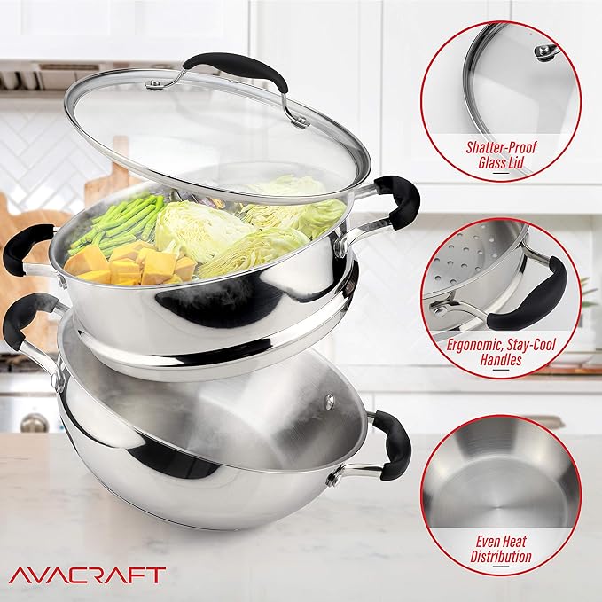 AVACRAFT 18/10, 3 Piece Stainless Steel Steamer Cooking Pot & Pan Set with Glass Lid, Momo Maker, Induction