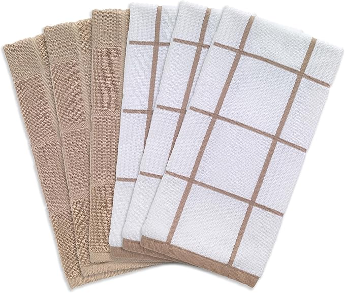 T-fal Solid & Checked Parquet Kitchen Towels: Highly Absorbent, Super Soft Long Lasting - 100% Cotton, 16"x26" Dish Towels for Cleaning & Drying Dishes, Pans, Glassware, Countertops, 6-Pack, Sand