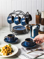 YHOSSEUN Espresso Cups Set of 6, 4 OZ Expresso Shots Cup Small Coffee Cup with Sacuers Metal Stand, Ceramic Espresso Cups for Cappuccino, Latte, Cafe Mocha and Tea, Blue