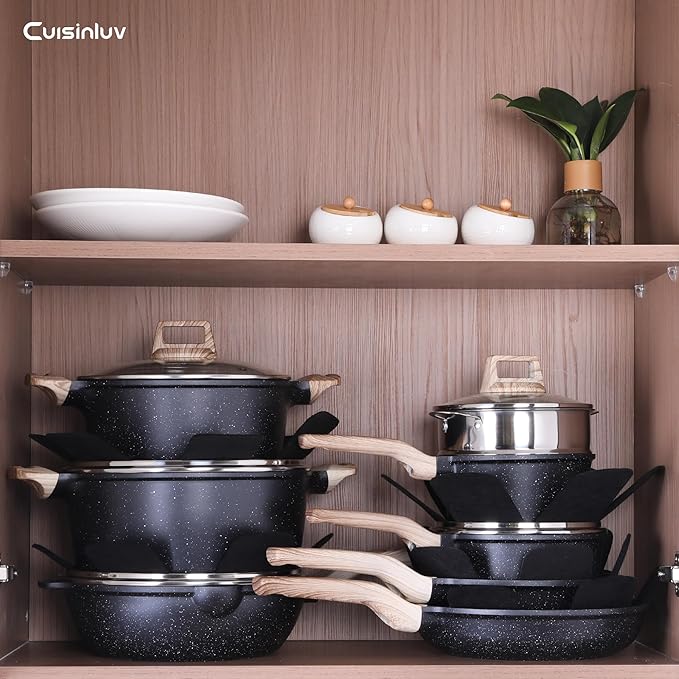 23-Piece Nonstick Pots and Pans Set – Granite Cookware Set, PFOA-Free – Includes Frying Pans, Saucepans, Griddle, Egg Pan – Induction, Gas, Electric Compatible – Black