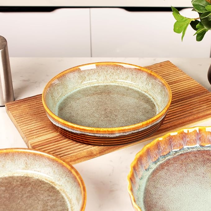 Large Quiche Tart Pans Pan, 17 oz Ceramic Au gratin pans, Fluted Ruffled Edge for Quiche Baking Dish/Pie Pan - Microwave Freezer Dishwasher Oven safe - Great Gift for Bakers 8 Inch