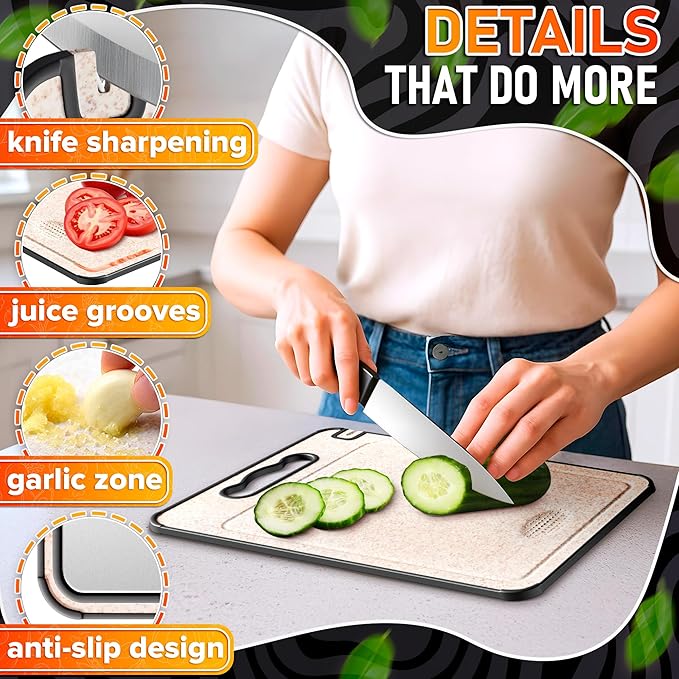 Titanium Cutting Board for Kitchen 14.3"x9.8" - Double Sided Metal Cutting Board Titanium GR1 for Meat & Wheat Straw PP for Fruits - Non-Slip, Built-in Knife Sharpener, Garlic Grater & Juice Grooves