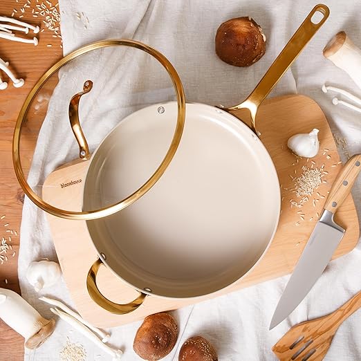 bloomhouse - Two Time Oprah's Favorite Things Winner - 6 QT Heavy Duty Aluminum Premium PFA Free Ceramic Nonstick Saute/Deep Frying Pan Skillet with Lid - Almond Cream w/Gold Handle