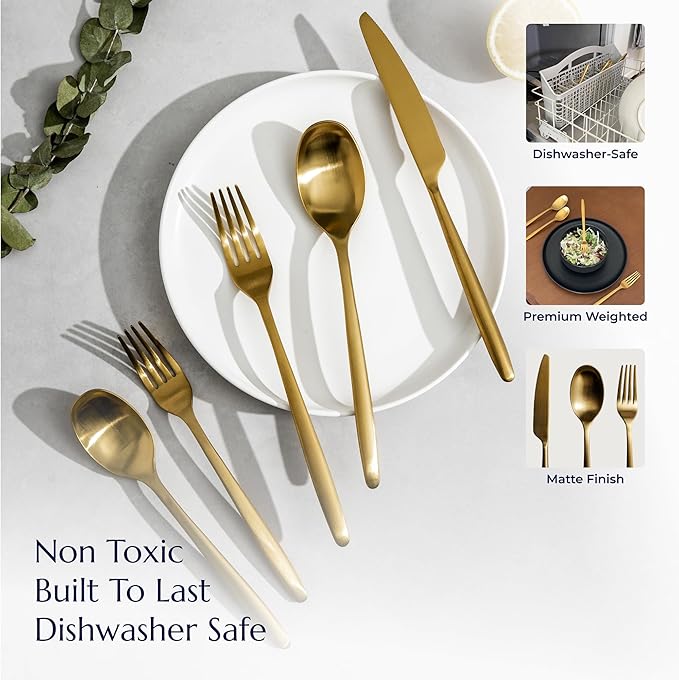 JazzUpCo Ava Flatware Flatware non toxic 18/10 stainless steel dishwasher safe (Matte Gold, 4 Person Set (20 Pieces))