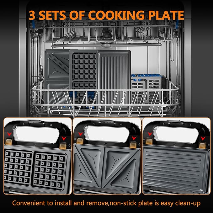 3 in 1 Sandwich Maker & Waffle Maker, Removable Non-Stick Plates, Panini Press, Grilled Cheese Maker, Cool-Touch Handle, LED Light, Easy Clean, 750W, for Home Kitchen Breakfast