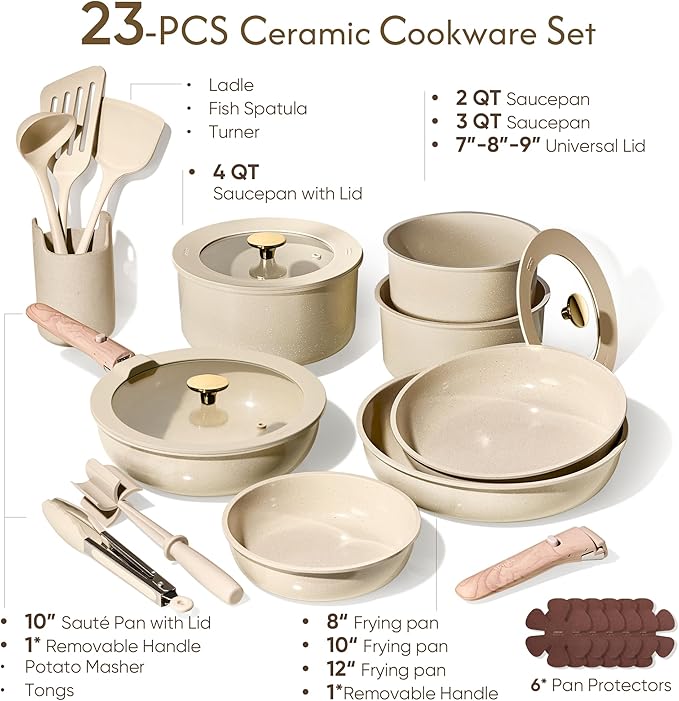 CAROTE 23PCS Pots and Pans set Non Stick, Ceramic Cookware Set, RV Kitchen Cooking Set Removable Handles, Oven Safe, Induction Coolware, Non-toxic Kitchen Cooking Set, PFAS and PFOA Free