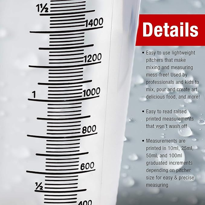 TCP Global 2 Liter (2000ml) Plastic Graduated Measuring and Mixing Pitcher (Pack of 4) - Holds Over 2 Quarts (64oz) - Pouring Cup, Measure & Mix Paint, Resin, Epoxy, Kitchen Cooking Baking Ingredients