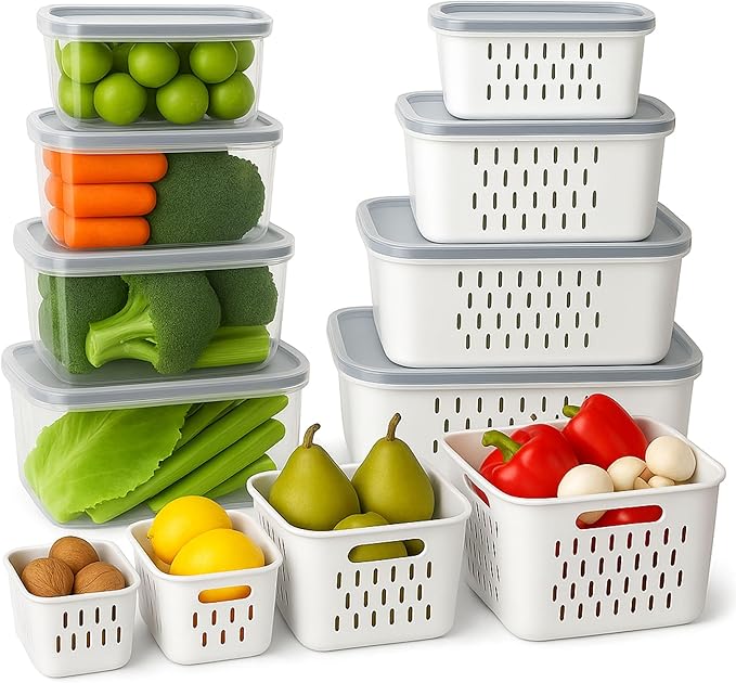 8 Set Fruit Storage Containers for Fridge with Colanders Dishwasher Safe, Leakproof Fruit and Vegetable Storage BPA-Free Plastic, Produce Storage Keep Berry Fruit Veggie Meat Fresh
