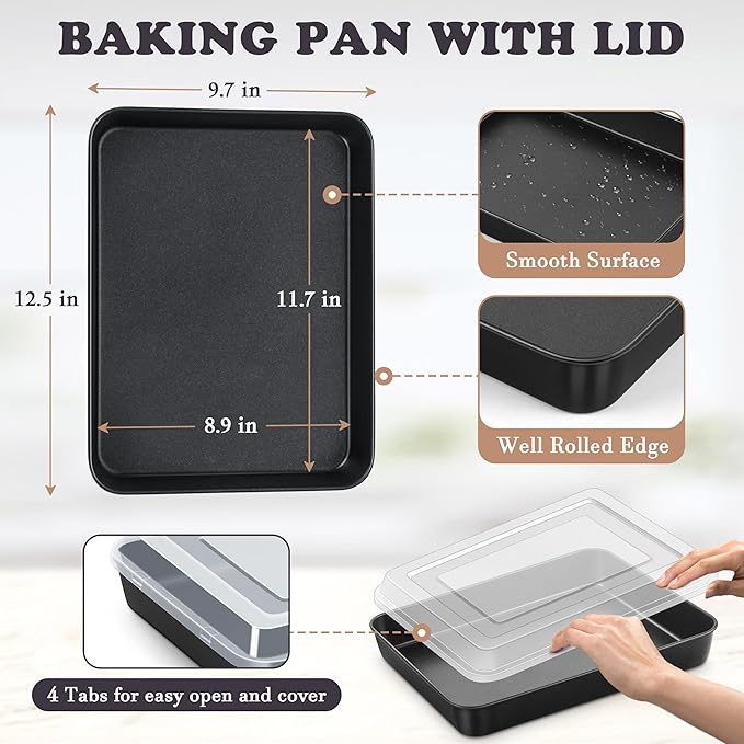 E-far 12.5 x 9.7 Inch Baking Pan with Lid, Nonstick Stainless Steel Rectangle Cake Pan with Cover for Baking Brownies Casseroles Lasagna, Stainless Steel Core & Nonstick Coating, Non-toxic & Oven Safe