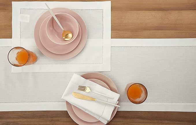 Solino Home White Table Runner 120 Inches Long - Cotton Linen Hemstitch 14 x 120 Inch Table Runner for Dining, Summer, Fall, Autumn, Halloween