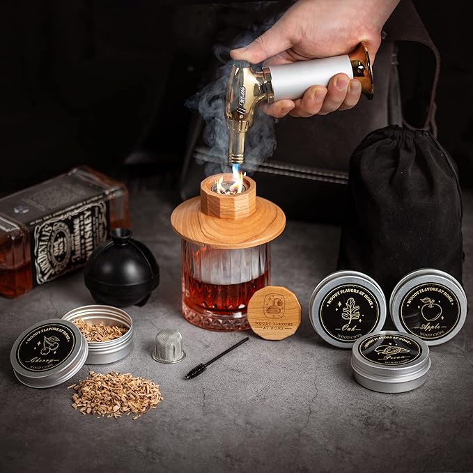 Cocktail Smoker Kit – Drink Smoker Bartender Kit with Torch, Sphere Ice Molds, Aromatic Wood Chips – Professional Bourbon Smoker Kit for Cocktails, Whiskey. Butane not Included