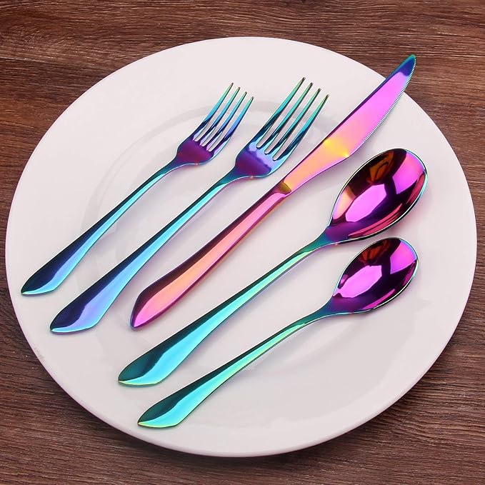 Rainbow Silverware Set, 20-Piece Stainless Steel Flatware Set with Round Edge, Kitchen Utensil Set Service for 4, Dishwasher Safe