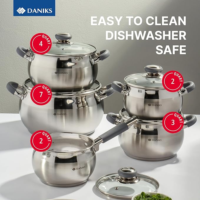 Daniks Modern 10-Piece Stainless Steel Cookware Set with Glass Lids, Includes Saucepan, Tri-Ply Bases for Even Heating, Induction Compatible, Dishwasher Safe, Heatproof Handles