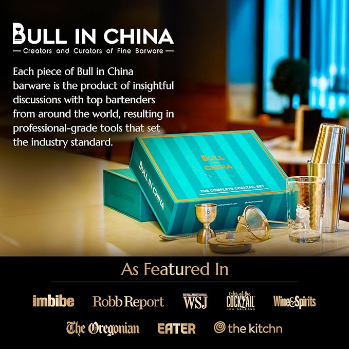 Shaken & Stirred Cocktail Set by Bull in China - Premium Bartender Gift Set w 2 Piece Weighted Shaker, Hammered Jigger, Hawthorne Strainer, Fine Mesh Strainer, Mixing Glass & Barspoon (Rainbow Chrome)