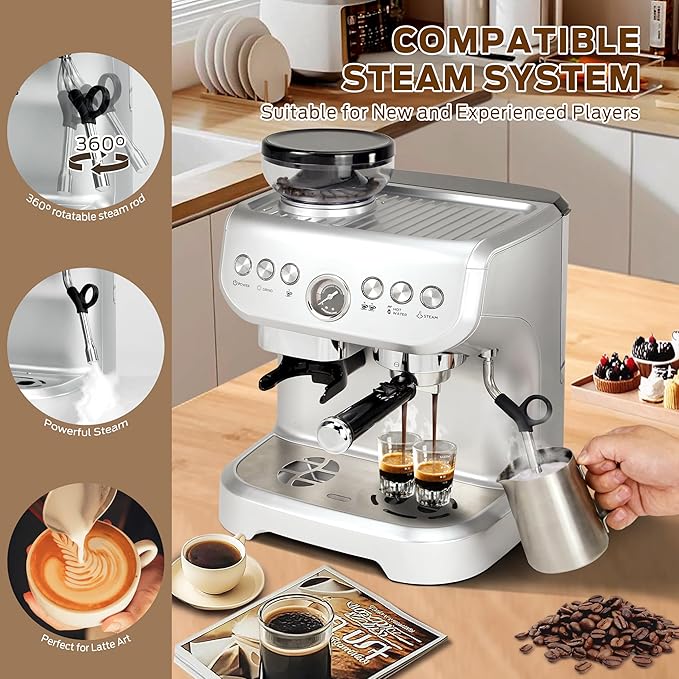 MIROX Espresso Machine 15 Bar, Coffee Maker With Milk Frother Steam Wand, Built-In Bean Grinder, Combo Cappuccino Machine with 70oz Removable Water Tank (ABS high-strength plastic shell)