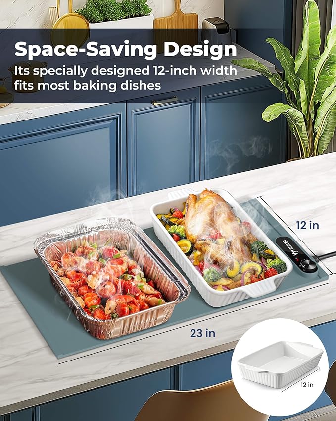 Warming Mat for Food - Space-Saving, Fits Two Baking Dishes, 7 Temp Settings, 4h Auto Shut-Off, Durable Silicone Surface, Easy to Clean, Perfect for Parties and Everyday Use (Green, Medium)