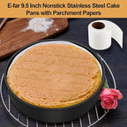 E-far 9.5 Inch Cake Pans Set of 2, Nonstick Stainless Steel Small Round Baking Pans with Parchment Paper & Side Liner Roll, Stainless Steel Core & Non-toxic Coating, Straight Side & 2 Inch Deep