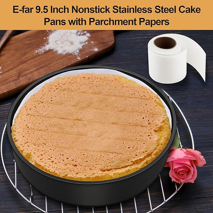 E-far 9.5 Inch Cake Pans Set of 2, Nonstick Stainless Steel Small Round Baking Pans with Parchment Paper & Side Liner Roll, Stainless Steel Core & Non-toxic Coating, Straight Side & 2 Inch Deep