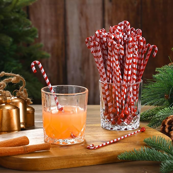 Chengu 100 Pcs Christmas Drink Stirrers Xmas Stir Sticks Bulk Holiday Coffee Stirrers Plastic Swizzle Stick Hot Cocoa Bar Supplies Chocolate Decoration Reusable Cocktail Mixer(Candy Cane)