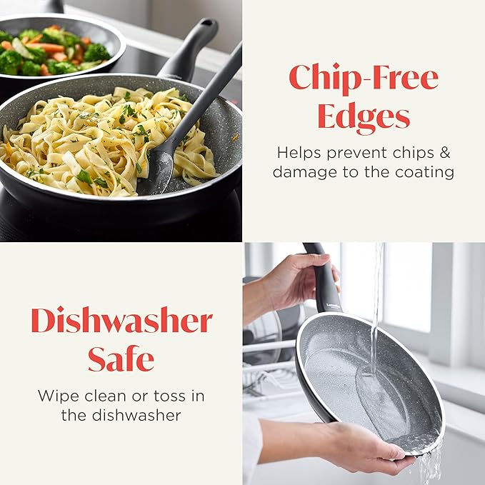 Rigoletto 9.5” Nonstick Frying Pan Skillet, Made in Italy, Vesuvio Layered Ceramic PFAS-Free Surface, Induction Ready, Dishwasher & Metal Utensil Safe, Granite Finish, Stay-Cool Handle,Black