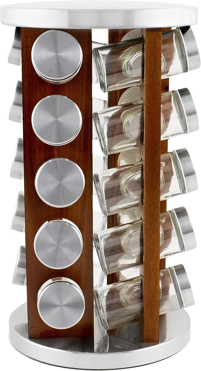 Orii Dark Acacia Wood Spice Rack with 20 EMPTY jars with Stainless Steel Lids and FREE Stainless Steel Funnel and Labels