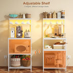 Kitchen Bakers Rack with Power Outlet & LED Lights, Small Coffee Bar Table with Adjustable Storage Shelf, 4 Tiers Microwave Stand with 8 Hooks, Coffee Station for Appliance Organizer, White
