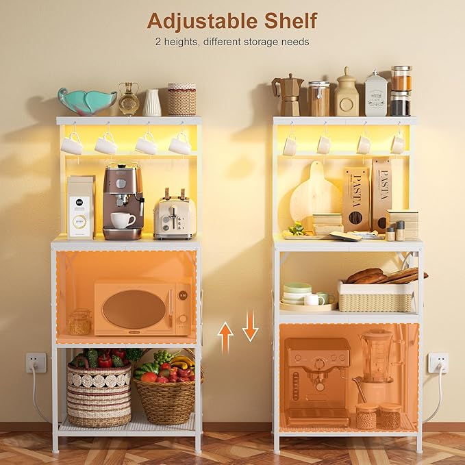 Kitchen Bakers Rack with Power Outlet & LED Lights, Small Coffee Bar Table with Adjustable Storage Shelf, 4 Tiers Microwave Stand with 8 Hooks, Coffee Station for Appliance Organizer, White