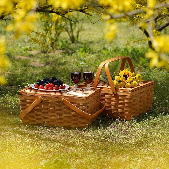 Picnic Basket Set for 2 Persons, Woven Woodchip Basket with Folding Handles & Lid, Red and White Gingham Lining Basket Set with Utensils Cutlery - Perfect for Picnic, Camping, Valentine Day, Outdoor