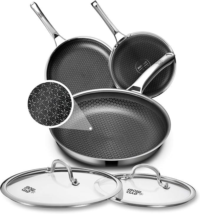 Non Stick Frying Pans Set with 2 Lid, Hybrid Skillet Set Nonstick (8+10+12inch), Pans for cooking, PFOA Free Stainless Steel Kitchen set, Dishwasher and Oven-Safe Cookware Sets