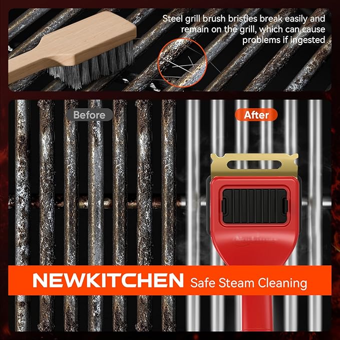 Grill Brush Bristle-Free Steam Cleaning, BBQ Brush Replaceable Heat-Resistant Kevlar Head with Grill Scraper Safe Barbecue Grill Cleaner-Red