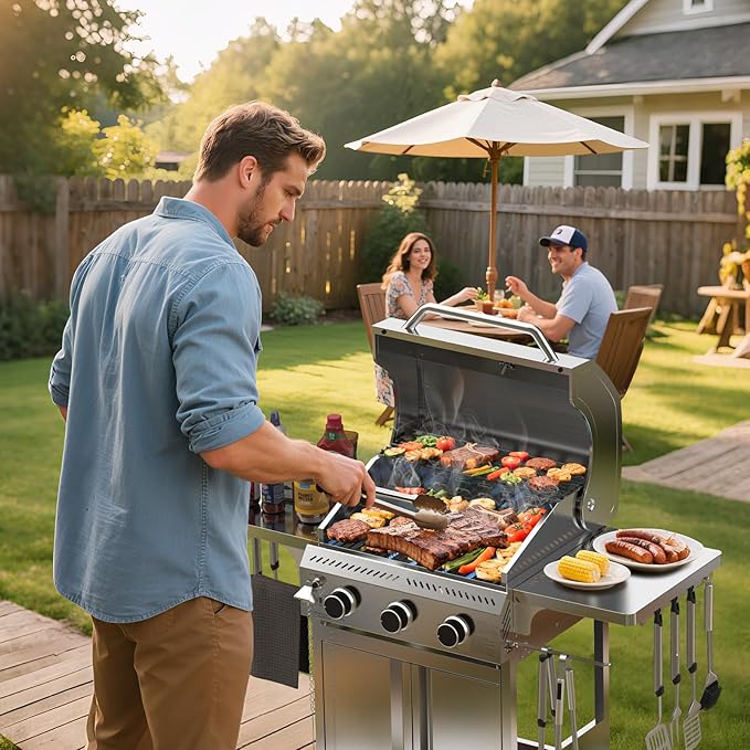 G31 Gas Grill, 3-Burner Gas Grill with Folding Side Tables,Stainless Steel 24,000 BTU BBQ Grill,Outdoor Propane Grill for Barbecue,Patio,Camping