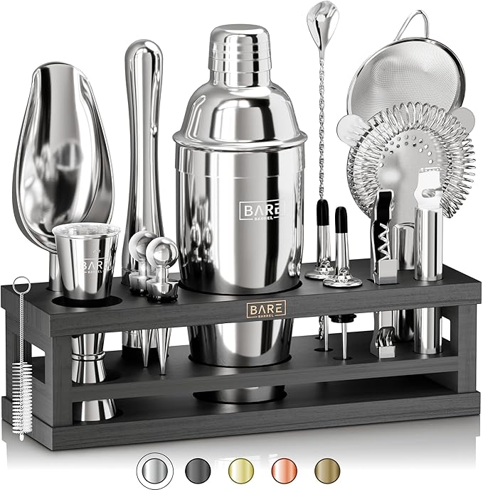 BARE BARREL® Mixology Bartender Kit Bar Set | 16-Piece Cocktail Shaker Set | Martini Barware Mixing Tools for Home Bartending | Incl. 35 Recipe Cards | Gift Set (24oz Cobbler Shaker, Silver/Black)
