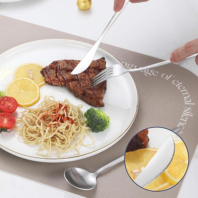 Matte Silverware Set, 30 Piece Stainless Steel Modern Flatware, Brushed Cutlery Service for 6, Satin Finish Utensils, Home Kitchen and Restaurant, Dishwasher Safe (Silver)