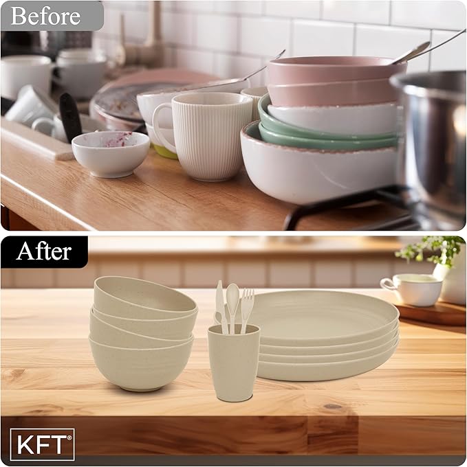 Wheat Straw Dinnerware Sets for 4 - KFT Lightweight & Unbreakable Dishes Microwave & Dishwasher Safe Perfect for Camping, Picnic, RV, Dorm Plates, Cups and Bowls