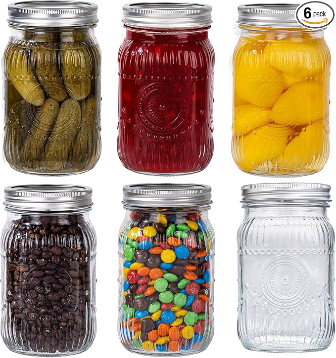 WELLIFE Wide Mouth Mason Jars, 6 Pcs Mason Jars 32 OZ for Preserving,Jam,Honey,Wedding Favors,Sauces,Meal Prep,Salad,Yogurt & Decor