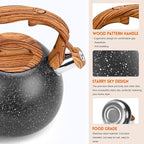 GGC Tea Kettle for Stove Top, Loud Whistling Kettle for Boiling Water Coffee or Milk, 3.1 Quart Heavy Stainless Steel Starry Black Kettle with Wood Pattern Handle, Unique Button Control Kettle Outlet