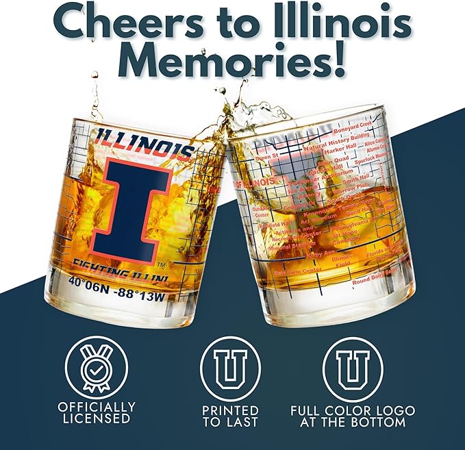 Greenline Goods – University of Illinois Fighting Illini College Whiskey Glasses (Set of 2), 10 oz – Full-Color Logo + Campus Map